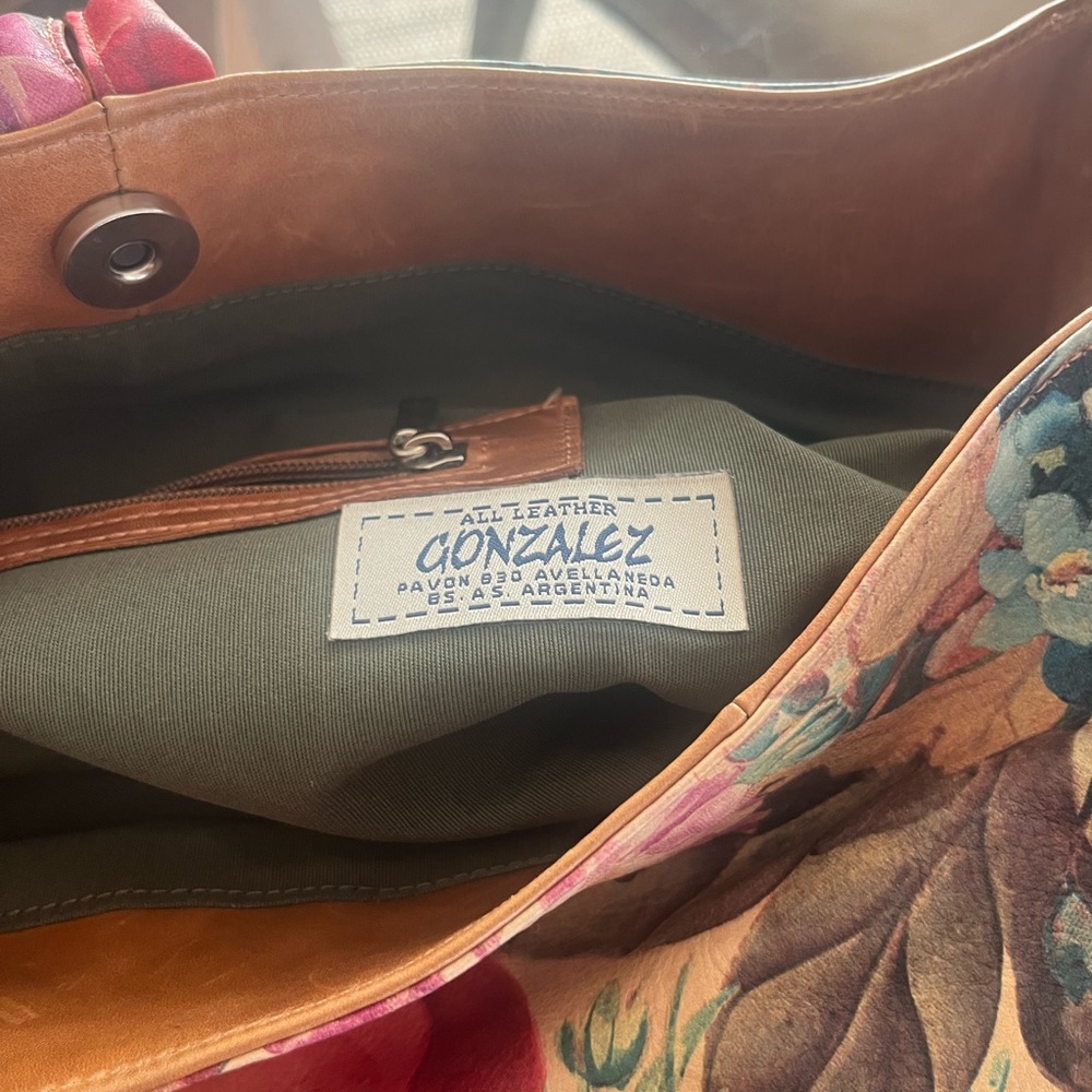 Floral Leather Shoulder Bag - Brown and Multicolor